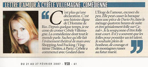 Article de VSD à propos de la comédienne Cybèle Villemagne